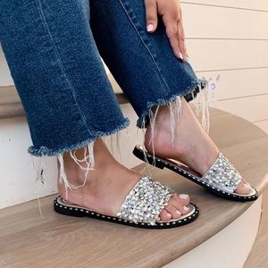 Silver Sequins Slide Sandals, Size: 8